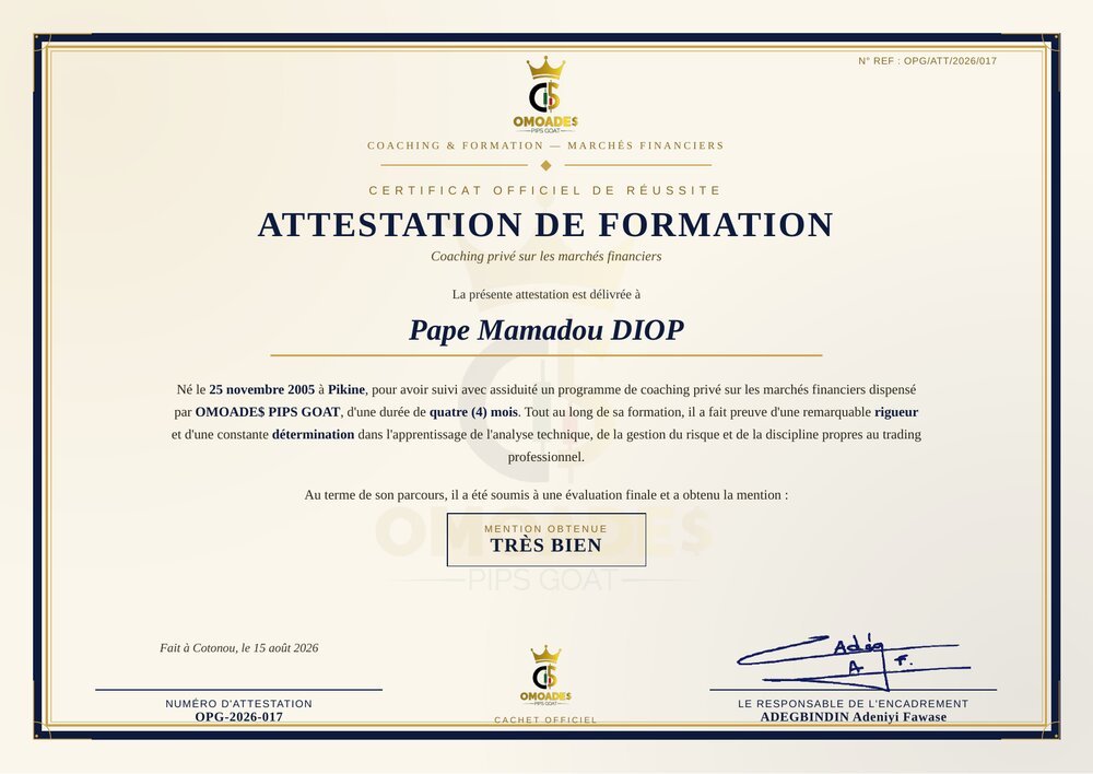 Attestation de formation délivrée à Pape Mamadou DIOP, mention Très Bien