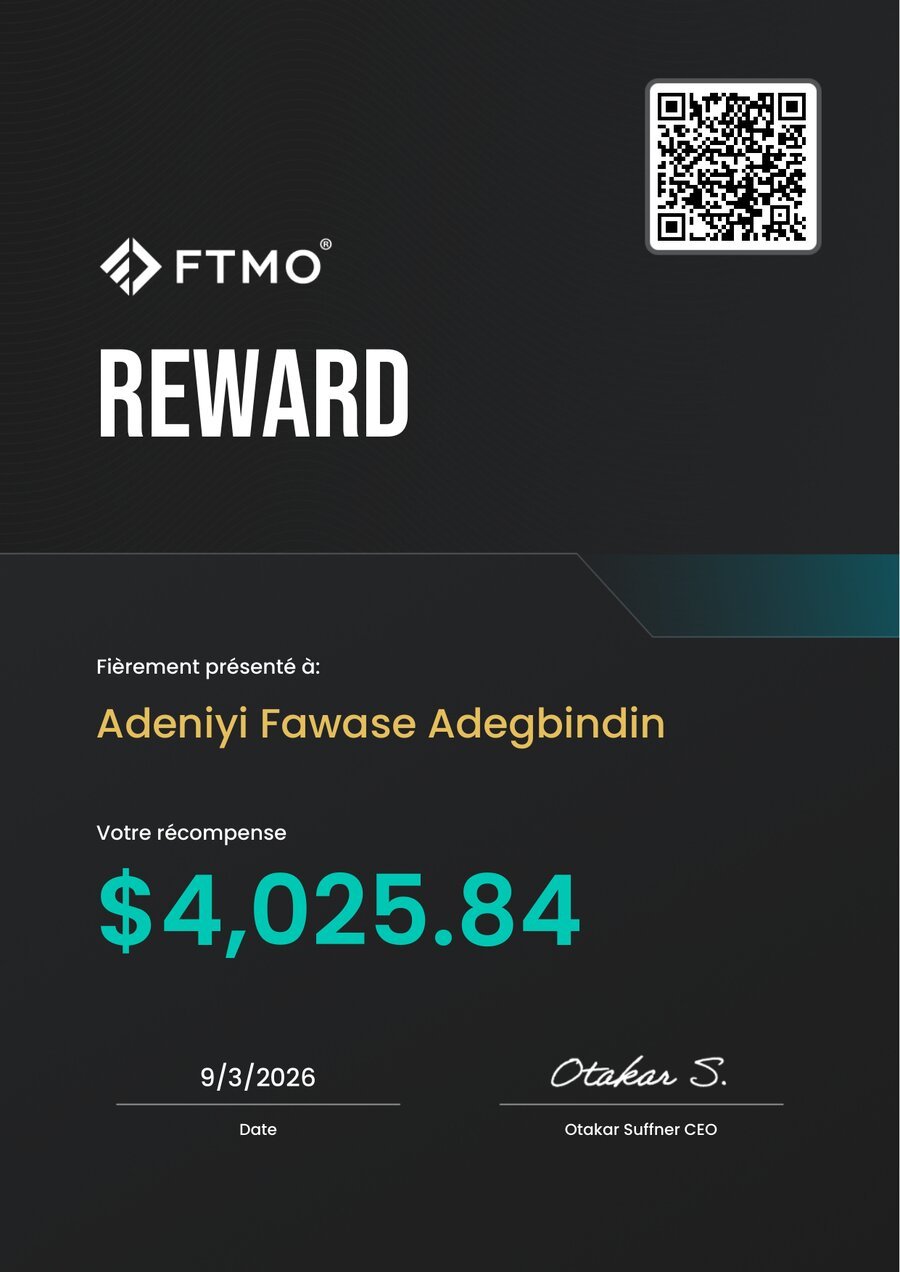 Certificat de récompense FTMO, 4 025,84 dollars